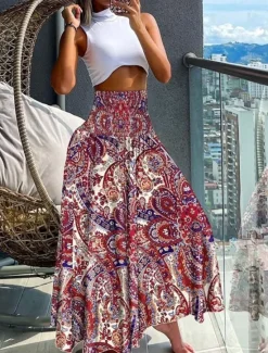 Hot Women's Skirt Maxi Skirt Bohemia Fashion Beach Wear Casual Midi High Waist Skirts Floral Paisley Micro-elastic Vacation Street Gray Green Black Yellow Light Green Summer Polyester Women Skirts
