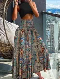 Hot Women's Skirt Maxi Skirt Bohemia Fashion Beach Wear Casual Midi High Waist Skirts Floral Paisley Micro-elastic Vacation Street Gray Green Black Yellow Light Green Summer Polyester Women Skirts