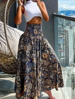 Hot Women's Skirt Maxi Skirt Bohemia Fashion Beach Wear Casual Midi High Waist Skirts Floral Paisley Micro-elastic Vacation Street Gray Green Black Yellow Light Green Summer Polyester Women Skirts
