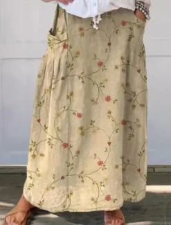 Best Women's Skirt Maxi Skirt Casual Maxi High Waist Skirts Floral Linen Micro-elastic Street Yellow Blue Green Pale Blue Summer Polyester Linen Women Skirts