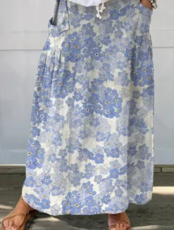 Best Women's Skirt Maxi Skirt Casual Maxi High Waist Skirts Floral Linen Micro-elastic Street Yellow Blue Green Pale Blue Summer Polyester Linen Women Skirts
