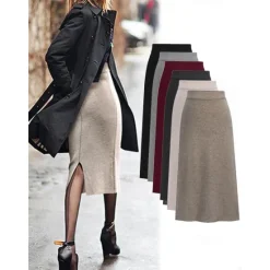 Women's Skirt Pencil Work Skirts Fashion Basic Casual Midi Skirts Solid Colored Split Knitting Office / Career Street caramel Black Wine khaki Autumn / Fall Woolen Women Skirts