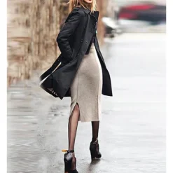 Women's Skirt Pencil Work Skirts Fashion Basic Casual Midi Skirts Solid Colored Split Knitting Office / Career Street caramel Black Wine khaki Autumn / Fall Woolen Women Skirts