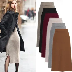 Women's Skirt Pencil Work Skirts Fashion Basic Casual Midi Skirts Solid Colored Split Knitting Office / Career Street caramel Black Wine khaki Autumn / Fall Woolen Women Skirts