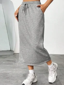 Women's Skirt Solid Color Fashion Casual Maxi High Waist Skirts Plain Pocket Stretchy Street Daily Black Gray Summer Polyester Women Skirts