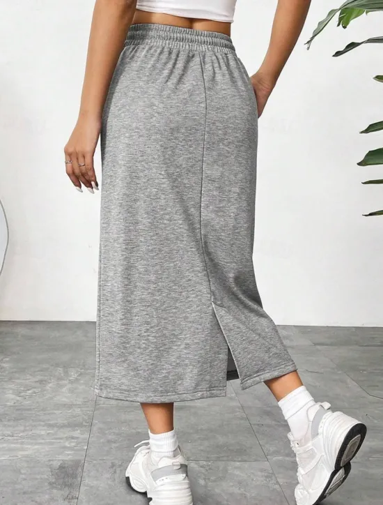 Women's Skirt Solid Color Fashion Casual Maxi High Waist Skirts Plain Pocket Stretchy Street Daily Black Gray Summer Polyester Women Skirts