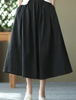 Best Women's Skirt Swing Basic Casual Midi High Waist Skirts Solid Colored Pocket Casual Daily Weekend Black White Green Khaki Summer Cotton Linen Women Dresses
