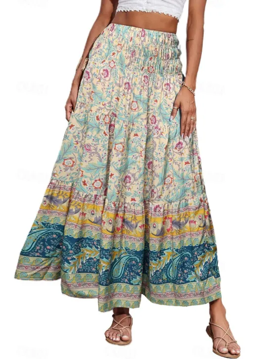 Discount Women's Skirt Swing Casual Boho Maxi Mid Rise Skirts Floral Print Micro-elastic Vacation Street Apple Green Violet Black Almond Summer Polyester Women Skirts