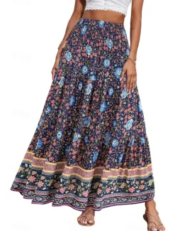 Discount Women's Skirt Swing Casual Boho Maxi Mid Rise Skirts Floral Print Micro-elastic Vacation Street Apple Green Violet Black Almond Summer Polyester Women Skirts