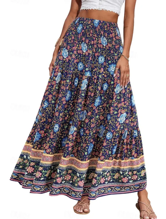 Discount Women's Skirt Swing Casual Boho Maxi Mid Rise Skirts Floral Print Micro-elastic Vacation Street Apple Green Violet Black Almond Summer Polyester Women Skirts