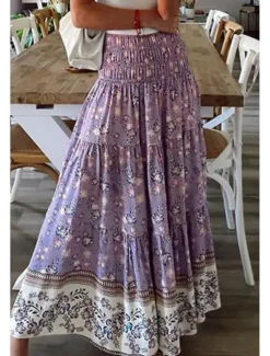 Discount Women's Skirt Swing Casual Boho Maxi Mid Rise Skirts Floral Print Micro-elastic Vacation Street Apple Green Violet Black Almond Summer Polyester Women Skirts
