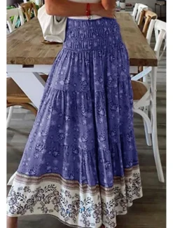 Discount Women's Skirt Swing Casual Boho Maxi Mid Rise Skirts Floral Print Micro-elastic Vacation Street Apple Green Violet Black Almond Summer Polyester Women Skirts