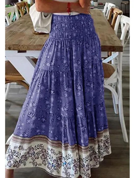 Discount Women's Skirt Swing Casual Boho Maxi Mid Rise Skirts Floral Print Micro-elastic Vacation Street Apple Green Violet Black Almond Summer Polyester Women Skirts