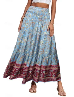 Discount Women's Skirt Swing Casual Boho Maxi Mid Rise Skirts Floral Print Micro-elastic Vacation Street Apple Green Violet Black Almond Summer Polyester Women Skirts