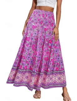 Discount Women's Skirt Swing Casual Boho Maxi Mid Rise Skirts Floral Print Micro-elastic Vacation Street Apple Green Violet Black Almond Summer Polyester Women Skirts
