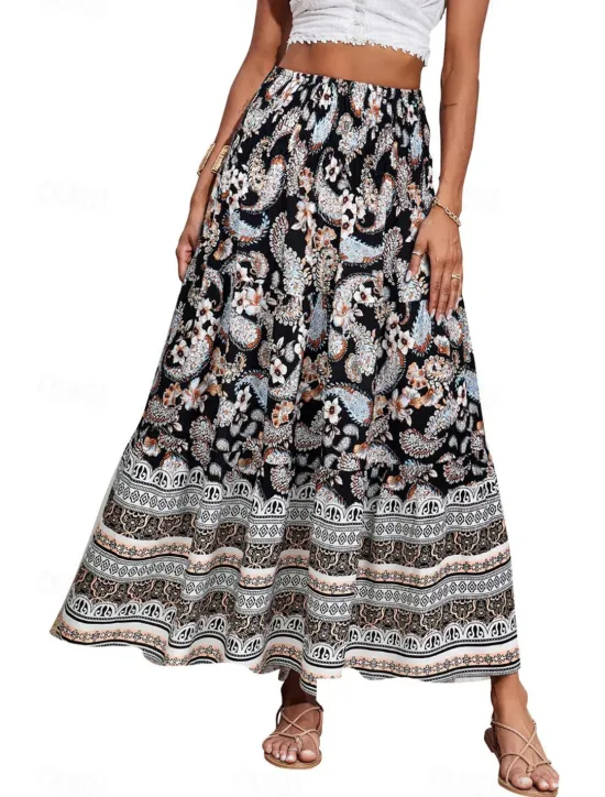 Discount Women's Skirt Swing Casual Boho Maxi Mid Rise Skirts Floral Print Micro-elastic Vacation Street Apple Green Violet Black Almond Summer Polyester Women Skirts