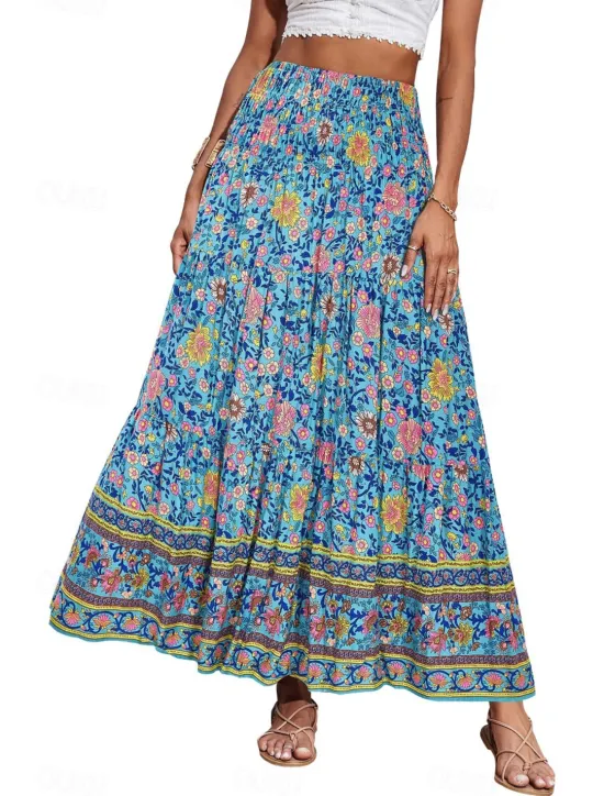 Discount Women's Skirt Swing Casual Boho Maxi Mid Rise Skirts Floral Print Micro-elastic Vacation Street Apple Green Violet Black Almond Summer Polyester Women Skirts