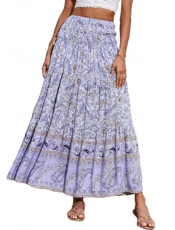 Discount Women's Skirt Swing Casual Boho Maxi Mid Rise Skirts Floral Print Micro-elastic Vacation Street Apple Green Violet Black Almond Summer Polyester Women Skirts