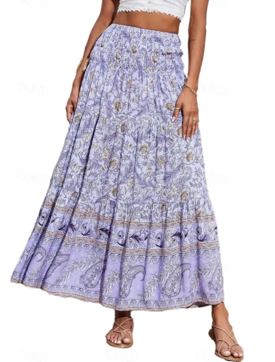 Discount Women's Skirt Swing Casual Boho Maxi Mid Rise Skirts Floral Print Micro-elastic Vacation Street Apple Green Violet Black Almond Summer Polyester Women Skirts