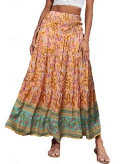 Discount Women's Skirt Swing Casual Boho Maxi Mid Rise Skirts Floral Print Micro-elastic Vacation Street Apple Green Violet Black Almond Summer Polyester Women Skirts