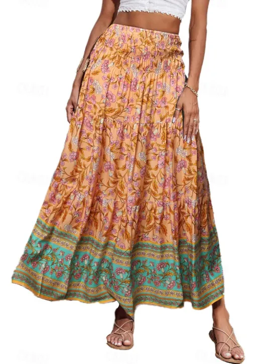 Discount Women's Skirt Swing Casual Boho Maxi Mid Rise Skirts Floral Print Micro-elastic Vacation Street Apple Green Violet Black Almond Summer Polyester Women Skirts