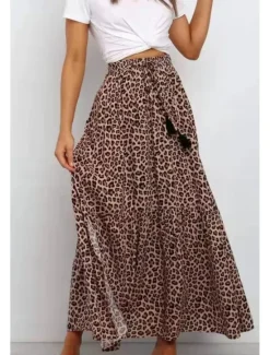 Women's Skirt Swing Casual Maxi High Rise Skirts Leopard Print Micro-elastic Vacation Street Summer Cotton Women Skirts