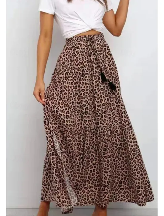 Women's Skirt Swing Casual Maxi High Rise Skirts Leopard Print Micro-elastic Vacation Street Summer Cotton Women Skirts