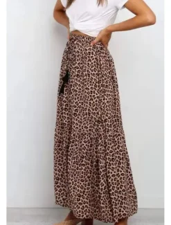 Women's Skirt Swing Casual Maxi High Rise Skirts Leopard Print Micro-elastic Vacation Street Summer Cotton Women Skirts