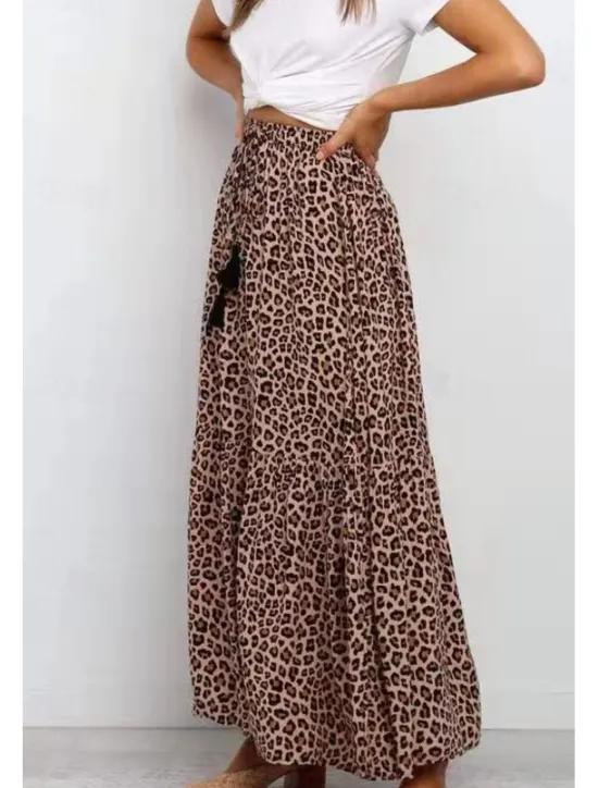 Women's Skirt Swing Casual Maxi High Rise Skirts Leopard Print Micro-elastic Vacation Street Summer Cotton Women Skirts