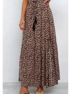 Women's Skirt Swing Casual Maxi High Rise Skirts Leopard Print Micro-elastic Vacation Street Summer Cotton Women Skirts