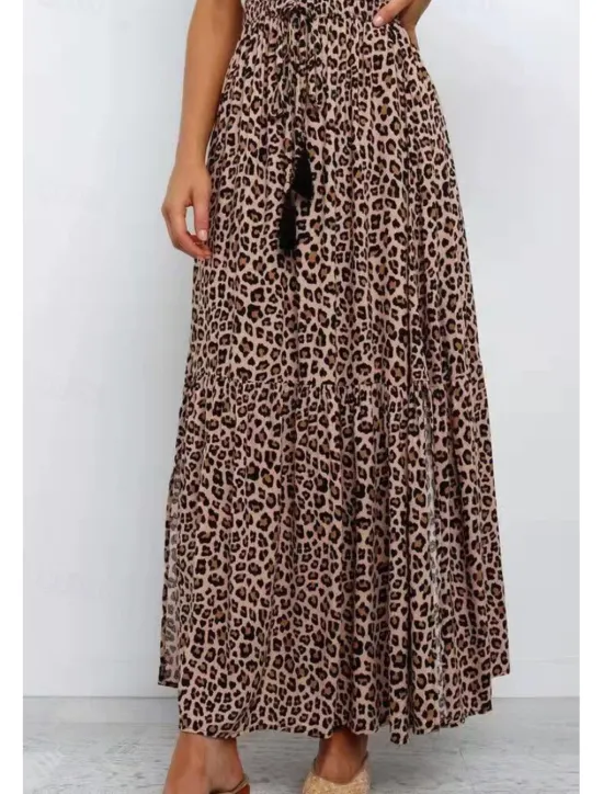 Women's Skirt Swing Casual Maxi High Rise Skirts Leopard Print Micro-elastic Vacation Street Summer Cotton Women Skirts