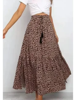 Women's Skirt Swing Casual Maxi High Rise Skirts Leopard Print Micro-elastic Vacation Street Summer Cotton Women Skirts