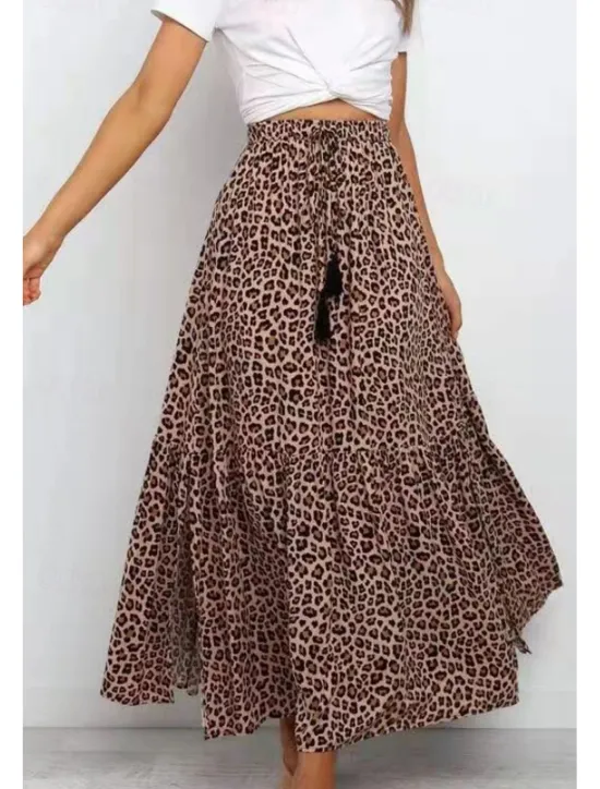 Women's Skirt Swing Casual Maxi High Rise Skirts Leopard Print Micro-elastic Vacation Street Summer Cotton Women Skirts