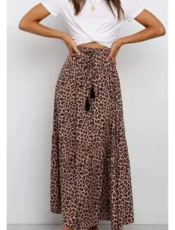Women's Skirt Swing Casual Maxi High Rise Skirts Leopard Print Micro-elastic Vacation Street Summer Cotton Women Skirts