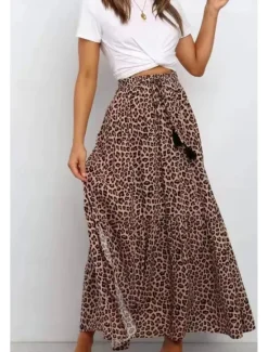 Women's Skirt Swing Casual Maxi High Rise Skirts Leopard Print Micro-elastic Vacation Street Summer Cotton Women Skirts
