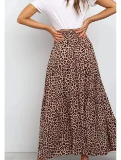Women's Skirt Swing Casual Maxi High Rise Skirts Leopard Print Micro-elastic Vacation Street Summer Cotton Women Skirts