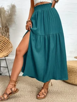 Hot Women's Skirt Swing Fashion Casual Maxi High Waist Skirts Solid Colored Ruffle Split Ends Micro-elastic Casual Daily Weekend Black Blue Green Summer Polyester Women Skirts