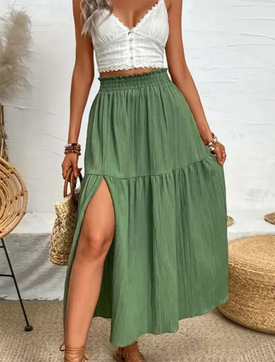 Hot Women's Skirt Swing Fashion Casual Maxi High Waist Skirts Solid Colored Ruffle Split Ends Micro-elastic Casual Daily Weekend Black Blue Green Summer Polyester Women Skirts