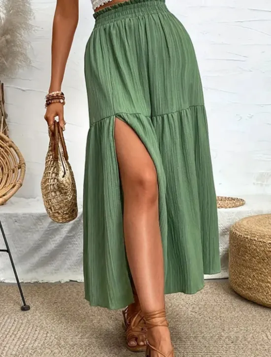 Hot Women's Skirt Swing Fashion Casual Maxi High Waist Skirts Solid Colored Ruffle Split Ends Micro-elastic Casual Daily Weekend Black Blue Green Summer Polyester Women Skirts