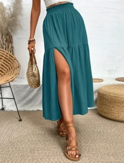 Hot Women's Skirt Swing Fashion Casual Maxi High Waist Skirts Solid Colored Ruffle Split Ends Micro-elastic Casual Daily Weekend Black Blue Green Summer Polyester Women Skirts