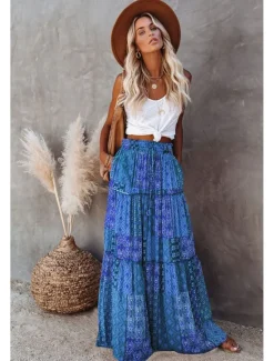 Online Women's Skirt Swing Long Skirt Bohemia Maxi Skirts Drawstring Print Graphic Solid Colored Causal Vacation Spring & Summer Vintage Boho Red Blue Purple Women Skirts