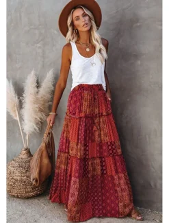 Online Women's Skirt Swing Long Skirt Bohemia Maxi Skirts Drawstring Print Graphic Solid Colored Causal Vacation Spring & Summer Vintage Boho Red Blue Purple Women Skirts