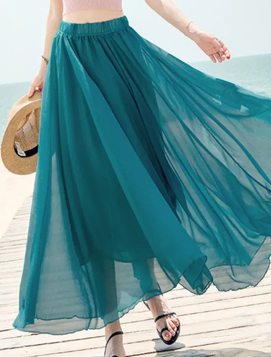 Hot Women's Skirt Swing Long Skirt Maxi Skirts Layered Solid Colored Casual Daily Beach Summer Chiffon Fashion Summer Black White Yellow Pink Women Skirts
