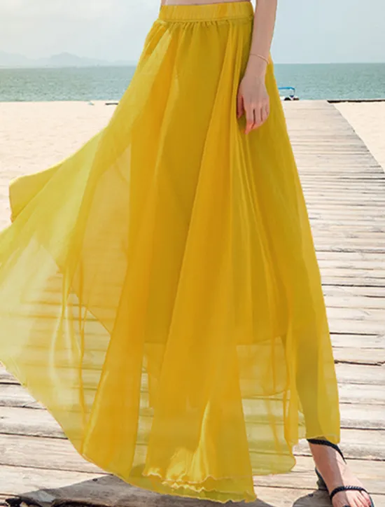 Hot Women's Skirt Swing Long Skirt Maxi Skirts Layered Solid Colored Casual Daily Beach Summer Chiffon Fashion Summer Black White Yellow Pink Women Skirts