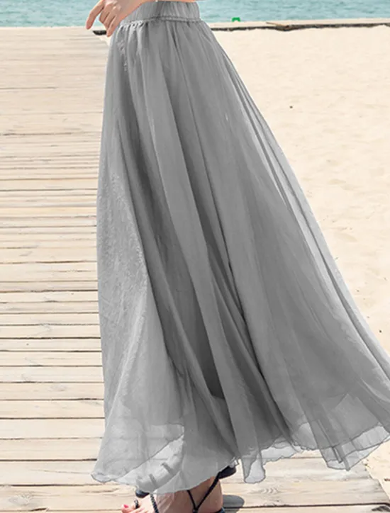 Hot Women's Skirt Swing Long Skirt Maxi Skirts Layered Solid Colored Casual Daily Beach Summer Chiffon Fashion Summer Black White Yellow Pink Women Skirts