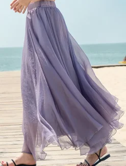 Hot Women's Skirt Swing Long Skirt Maxi Skirts Layered Solid Colored Casual Daily Beach Summer Chiffon Fashion Summer Black White Yellow Pink Women Skirts