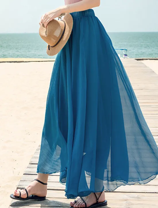 Hot Women's Skirt Swing Long Skirt Maxi Skirts Layered Solid Colored Casual Daily Beach Summer Chiffon Fashion Summer Black White Yellow Pink Women Skirts