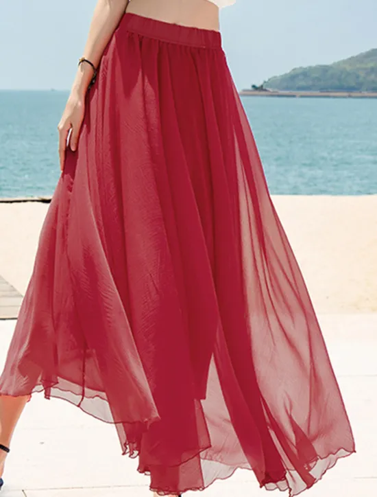 Hot Women's Skirt Swing Long Skirt Maxi Skirts Layered Solid Colored Casual Daily Beach Summer Chiffon Fashion Summer Black White Yellow Pink Women Skirts