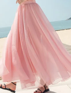 Hot Women's Skirt Swing Long Skirt Maxi Skirts Layered Solid Colored Casual Daily Beach Summer Chiffon Fashion Summer Black White Yellow Pink Women Skirts