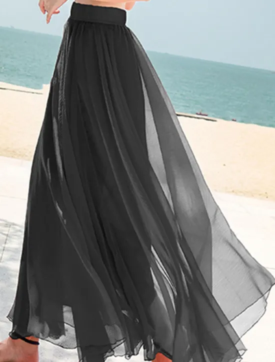 Hot Women's Skirt Swing Long Skirt Maxi Skirts Layered Solid Colored Casual Daily Beach Summer Chiffon Fashion Summer Black White Yellow Pink Women Skirts
